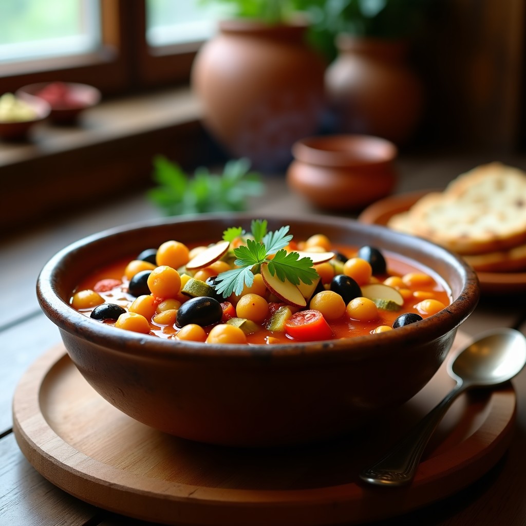 Estofado vegano de calabacín y garbanzos en olla lenta con especias bereberes, servido en plato hondo de barro. Decorado con almendras tostadas, aceitunas negras y cilantro fresco. Fondo rústico con pan de pita y cucharón de madera.