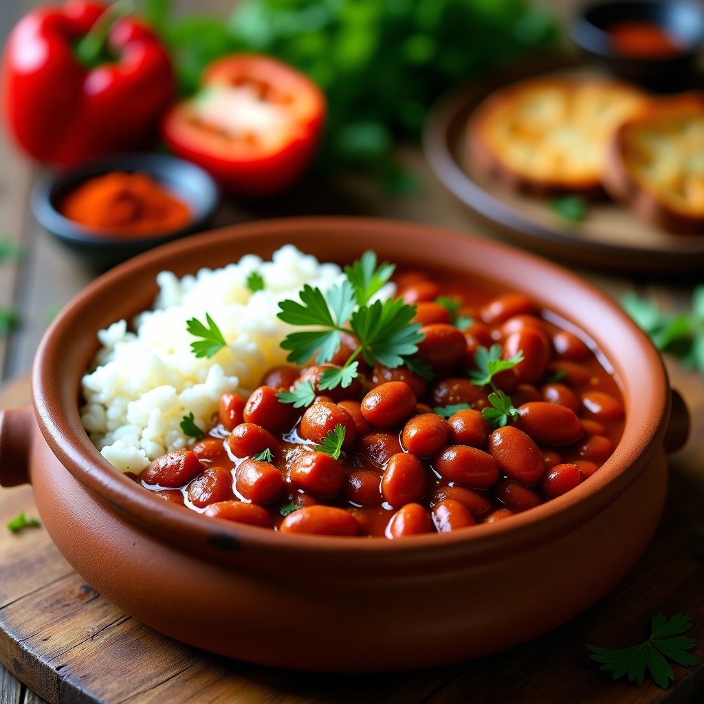 Estofado espeso de frijoles rojos y chorizo vegano de Sincelejo en un cazuela de barro, decorado con perejil fresco y servido con arroz blanco. Receta colombiana en olla rápida.