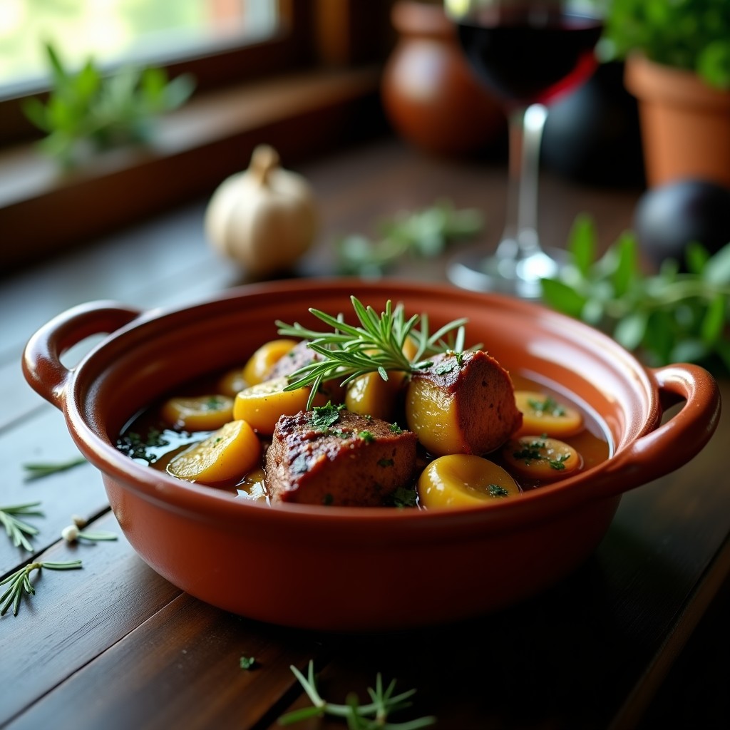 Estofado de cordero con alcachofas y ajo negro en olla lenta española, servido en cazuela de barro con salsa espesa y trozos tiernos de carne, alcachofas doradas y ajos negros enteros.