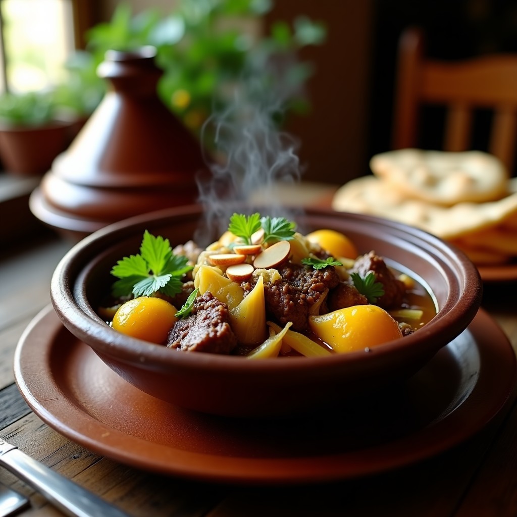 Estofado marroquí de cordero con alcachofas y azafrán servido en un cazuela de barro oscuro, con trozos tiernos de carne, corazones de alcachofa dorados y un toque de perejil fresco, rodeado de pan de pita.