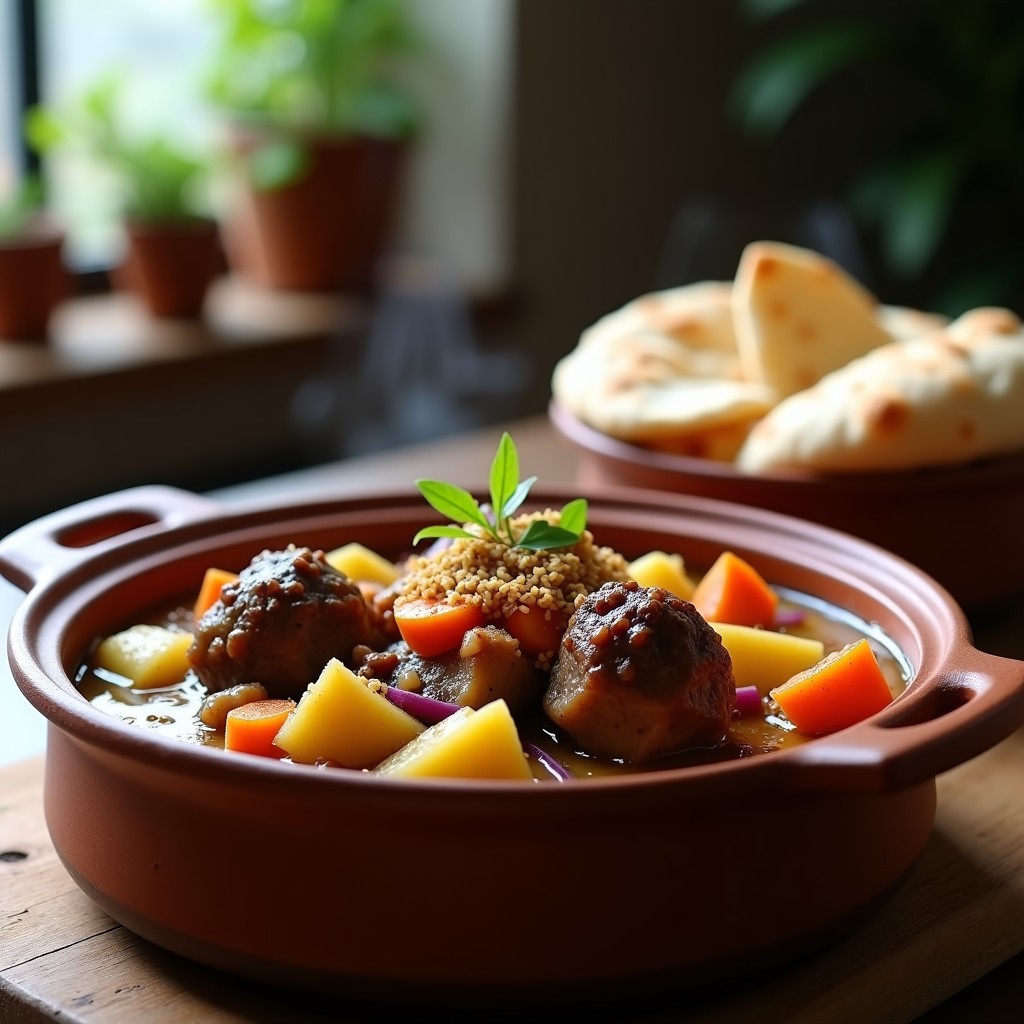 Estofado de cordero con alcachofas en ola lenta, servido en cuenco de barro con zaatar espolvoreado y perejil fresco. Plato humeante con trozos tiernos de cordero, alcachofas doradas y salsa espesa aromatizada con especias.