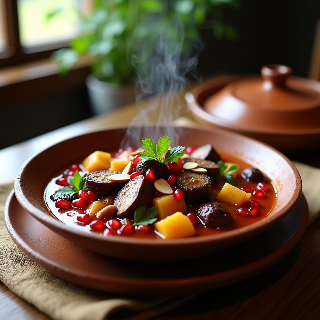Estofado persa de cordero en olla de barro, con trozos tiernos de carne, berenjenas doradas y semillas de granada rojas brillantes. Decorado con almendras tostadas, cilantro fresco y un hilo de miel de azahar sobre un fondo rústico de madera.