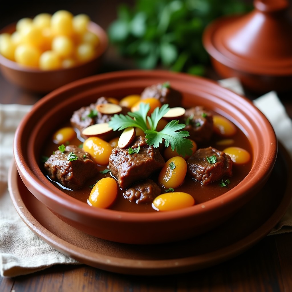 Estofado marroquí de cordero en cazuela de barro, con trozos tiernos de carne, ciruelas pasas doradas y almendras tostadas espolvoreadas. Decorado con hojas de cilantro fresco sobre fondo rústico de madera.