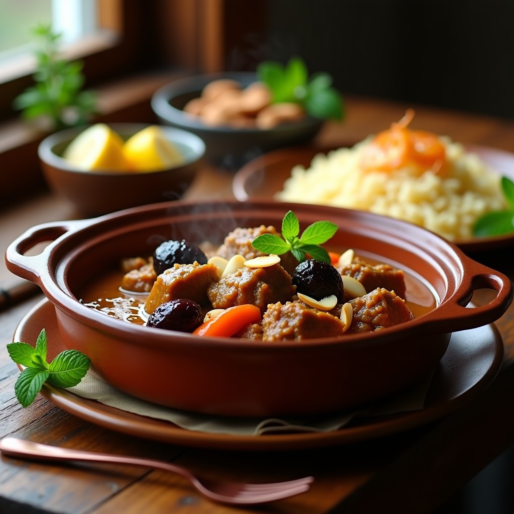 Estofado persa de cordero en cazuela de barro, con trozos tiernos de carne bañados en salsa dorada por el azafrán, ciruelas pasas enteras y almendras tostadas espolvoreadas. Acompañado de arroz basmati y decorado con hebras de azafrán y rodajas de limón.