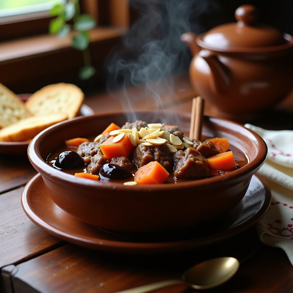 Plato hondo de barro con estofado de cordero árabe, trozos tiernos de carne bañados en salsa oscura con ciruelas pasas y higos, espolvoreado con almendras fileteadas y una rama de canela como decoración. Acompañado de pan de pita dorado.