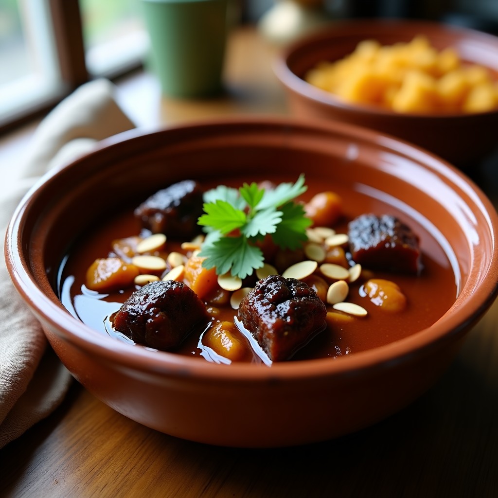 Estofado de cordero con ciruelas pasas y especias magrebíes servido en un plato hondo de barro, con trozos de carne tierna bañados en una salsa espesa y oscura, ciruelas pasas visibles, almendras tostadas y hojas de cilantro fresco como decoración.