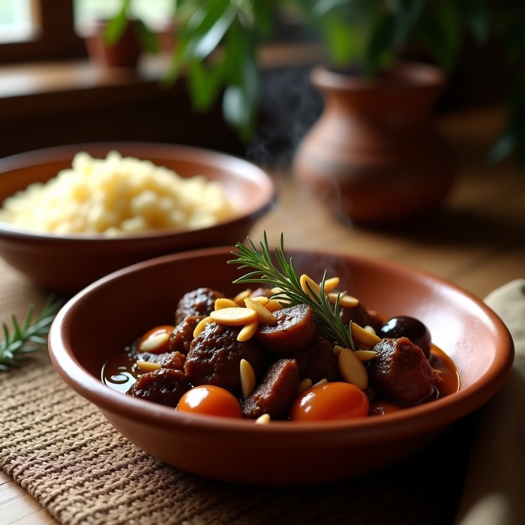 Plato hondo de barro con estofado de cordero en salsa espesa y oscura, ciruelas pasas enteras y almendras fileteadas tostadas. Acompañado de cuscús y decorado con ramitas de romero fresco. Estilo marroquí tradicional.