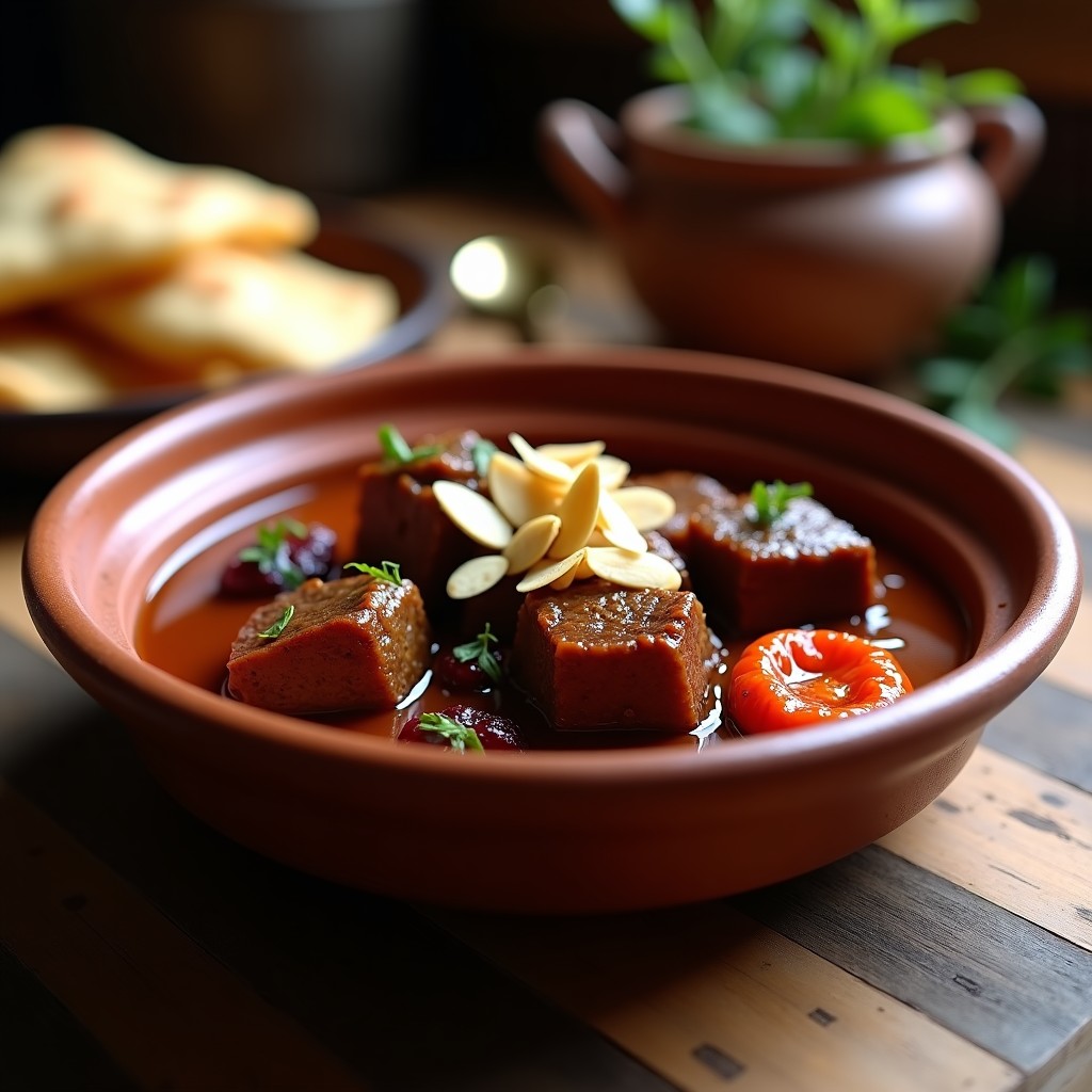 Olla exprés abierta mostrando un estofado de cordero con ciruelas pasas, salsa espesa y especias marroquíes, decorado con almendras tostadas y cilantro fresco sobre fondo rústico.