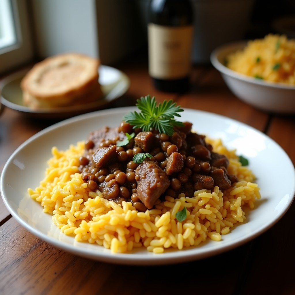 Plato hondo de cerámica blanca con estofado de cordero pakistaní en Thermomix, cúrcuma dorada visible, trozos de cordero tiernos sobre arroz basmati esponjoso, decorado con yogur griego, cilantro fresco y almendras tostadas, con especias esparcidas al fondo.