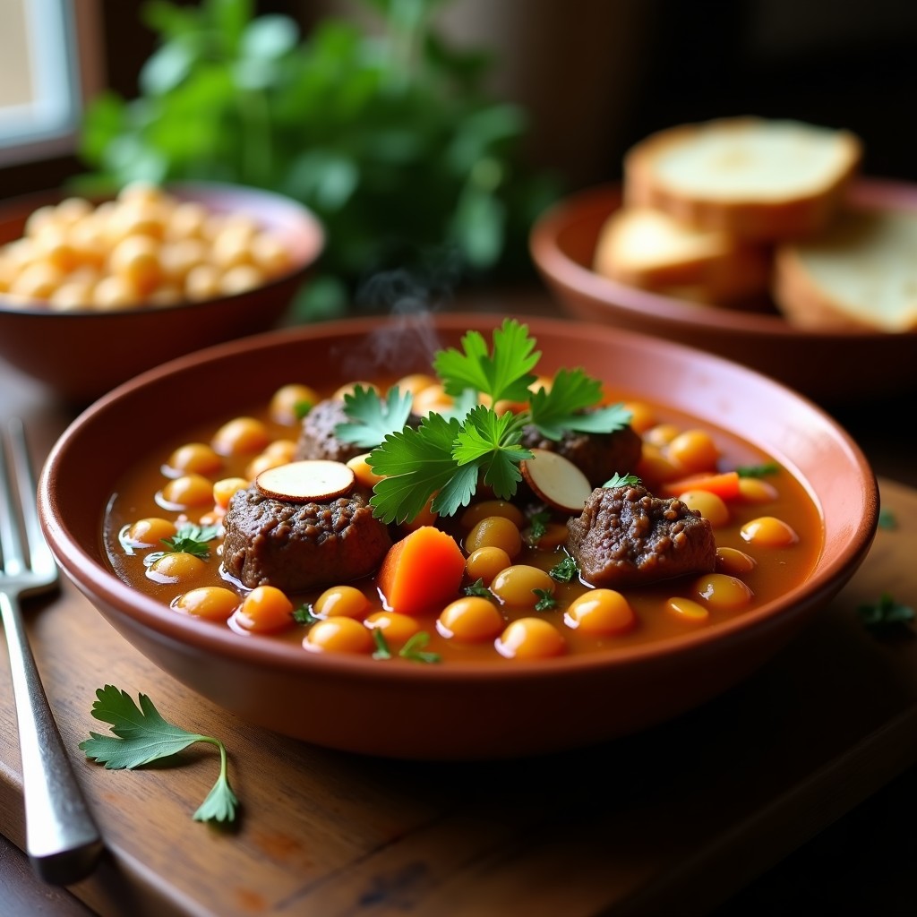 Estofado marroquí de cordero y garbanzos en bowl de barro, con hojas de laurel y almendras tostadas, servido sobre mesa rústica de madera con pan fresco.