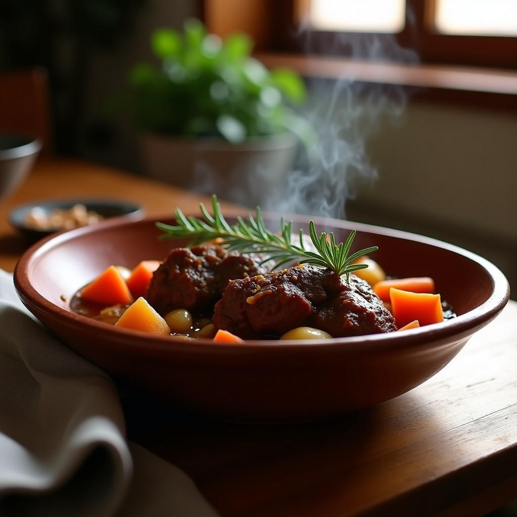 Plato hondo de barro con estofado de cordero al romero, carne deshuesada y melosa, bañada en salsa espesa y oscura, acompañada de zanahorias y cebolla. Romero fresco como decoración.