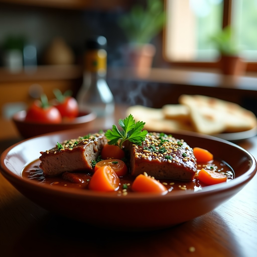 Estofado de cordero al zaatar en airfryer, trozos tiernos de carne bañados en salsa espesa con zanahorias y cebolla, espolvoreado con zaatar y sésamo.