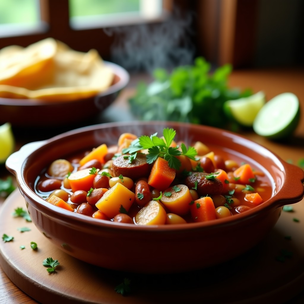 Estofado espeso de frijoles charros con chorizo de seitán en un plato hondo de barro, decorado con cilantro fresco y acompañado de tortillas de maíz. Receta mexicana vegana en olla express.