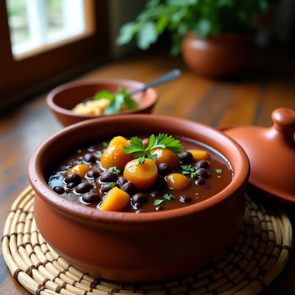 Estofado cubano vegano de frijoles negros y plátano macho en olla lenta, servido en plato hondo de barro con cilantro fresco espolvoreado y rodajas de plátano macho caramelizado.