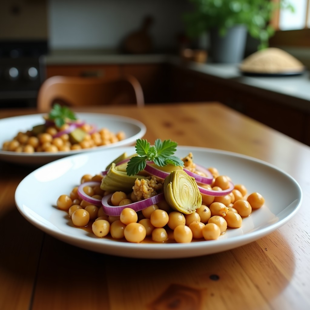 Estofado vegano de garbanzos y alcachofas con azafrán servido en un plato hondo de barro, con un caldo dorado y espeso, garbanzos enteros y trozos de alcachofa, decorado con perejil fresco y semillas de sésamo tostadas. Fondos de especias como hebras de azafrán y comino esparcidas alrededor.