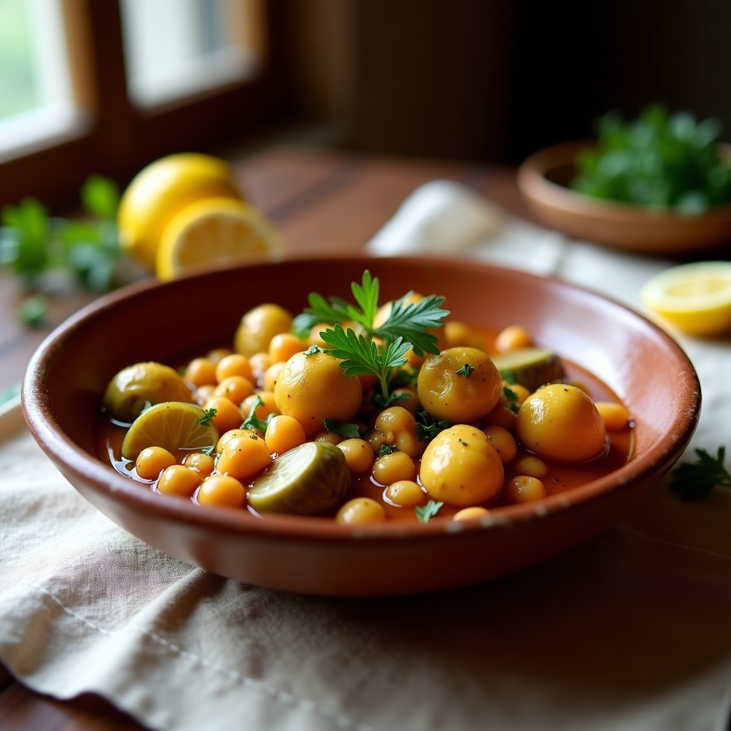 Estofado magrebí de garbanzos y alcachofas con especias de baharat en Thermomix, servido en cuenco de barro con perejil fresco y limón confitado.
