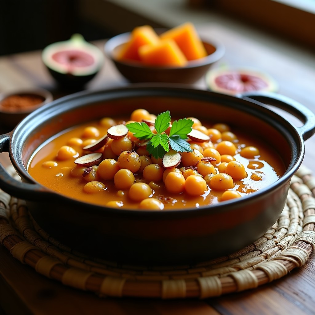 Estofado marroquí de garbanzos y calabaza con ras el hanout servido en un cazón de barro oscuro, con trozos de calabaza dorada, garbanzos cremosos, almendras tostadas y cilantro fresco. Acompañado de pan de pita y limón confitado.