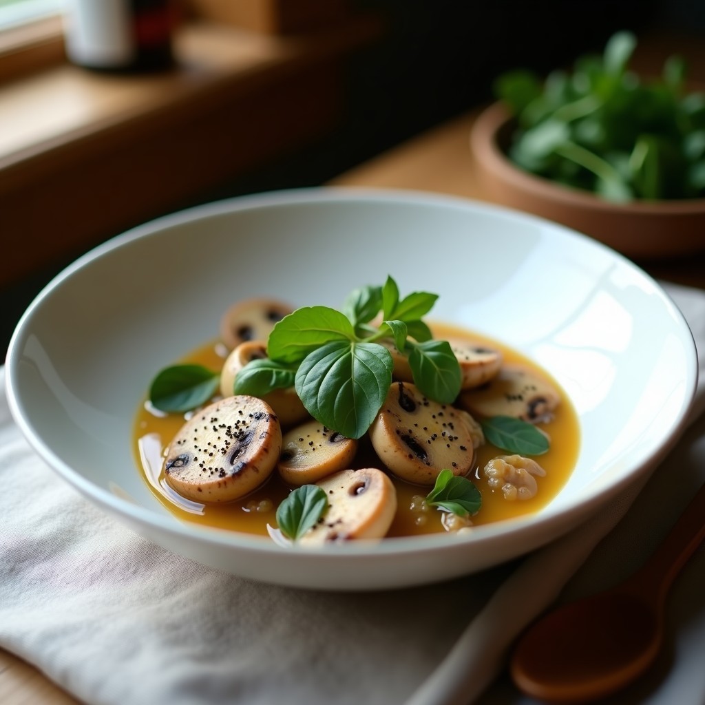 Plato hondo de cerámica blanca con estofado de hongos portobello y berros en salsa de vino blanco, decorado con hojas de berros frescas y una pizca de pimienta negra, servido sobre mantel rústico de lino.
