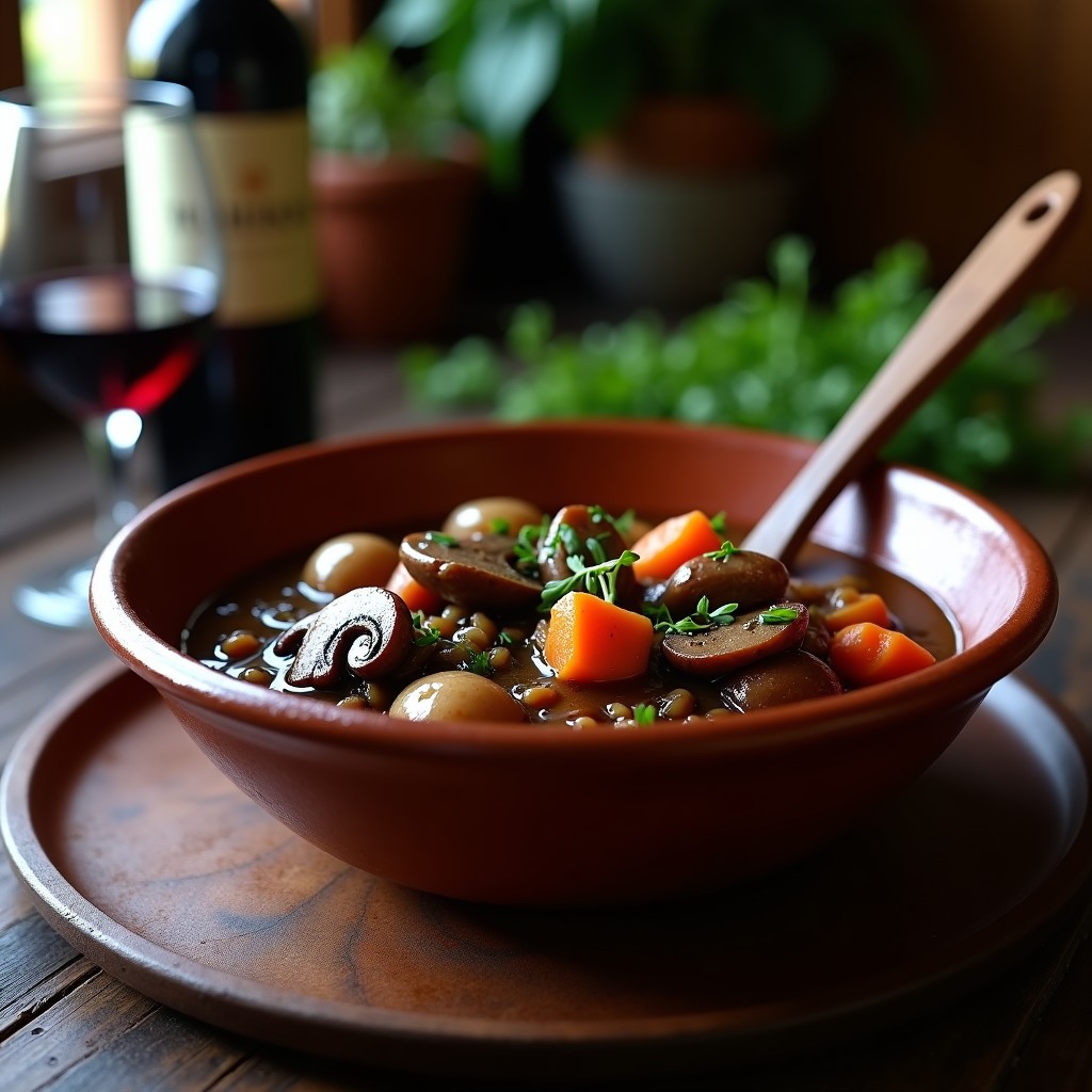 Estofado espeso de Hongos Portobello y Cercetas en un plato hondo de barro, con trozos de hongos dorados y cercetas rehidratadas, bañados en una salsa oscura y brillante. Acompañado de una cucharón de madera y hierbas frescas. Receta uruguaya vegana en olla lenta.