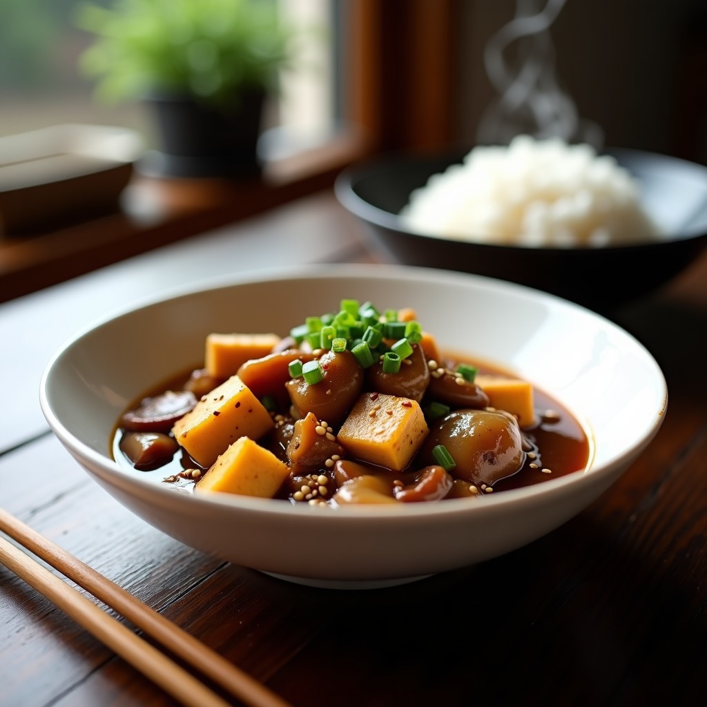 Estofado chino vegano en cuenco hondo de cerámica blanca, con hongos shiitake dorados, tofu sedoso y zanahoria morada en salsa de ostras vegana brillante, decorado con cilantro fresco y semillas de sésamo negro.
