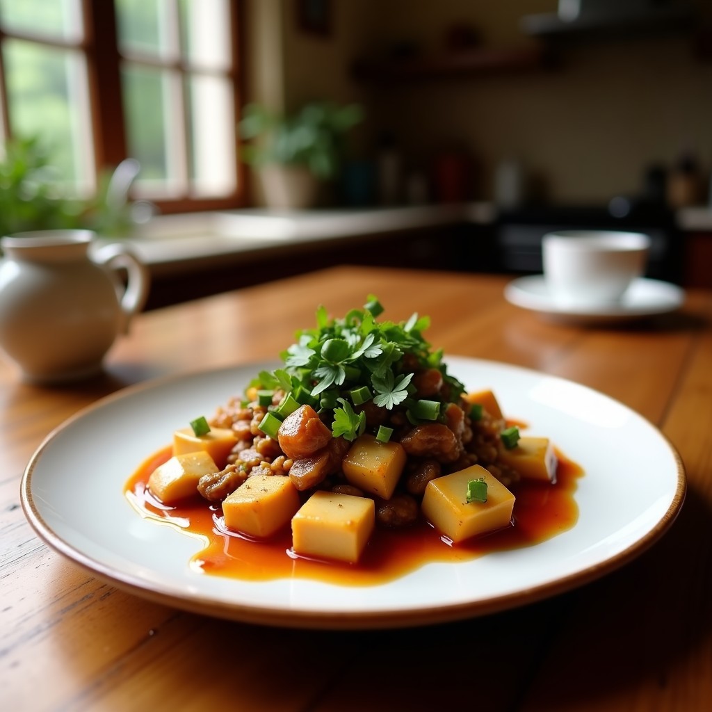 Estofado vegano de hongos shitake y tofu teriyaki en olla express, servido en un bol negro con arroz jazmín, decorado con semillas de sésamo negro y cebollino fresco.
