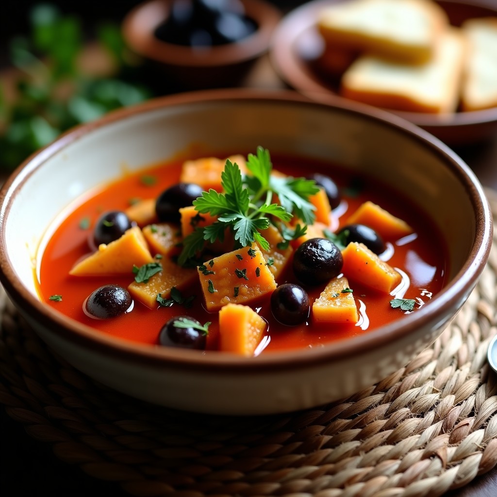 Estofado griego vegano de jackfruit desmenuzada y aceitunas kalamata en olla rápida, servido en cuenco de barro con perejil fresco y pan pita tostado al lado.