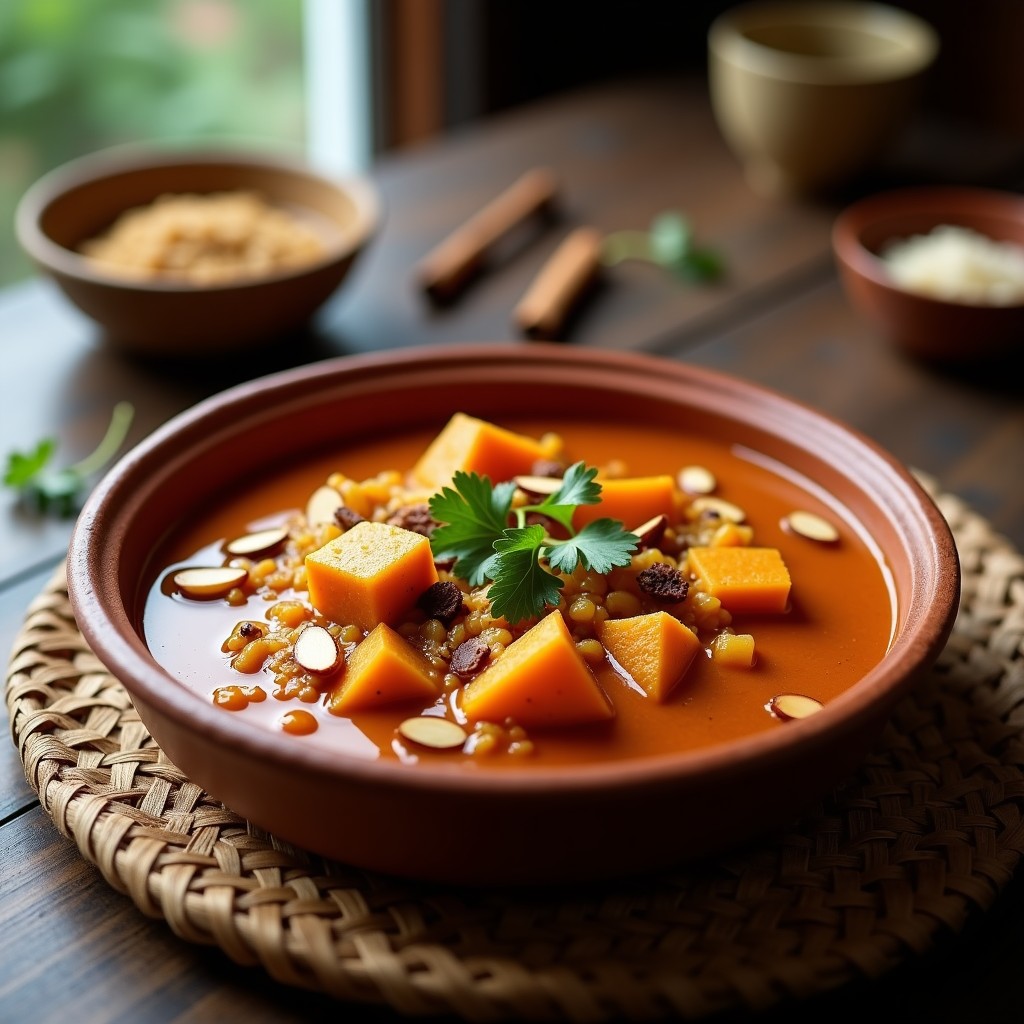 Estofado vegano en olla lenta de jackfruit desmenuzada y batata en cubos, bañado en una salsa espesa de tomate y especias marroquíes como ras el hanout y comino, decorado con almendras tostadas y cilantro fresco sobre un plato de barro rústico.