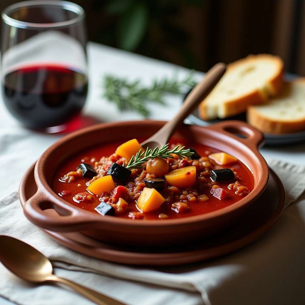 Estofado vegano de jackfruit y berenjena en salsa de tomate y vino tinto, servido en un plato hondo de barro con puré de patatas cremoso. La salsa espesa y brillante cubre trozos de jackfruit desmenuzada y berenjena tierna, decorada con almendras fileteadas y hojas de tomillo fresco.
