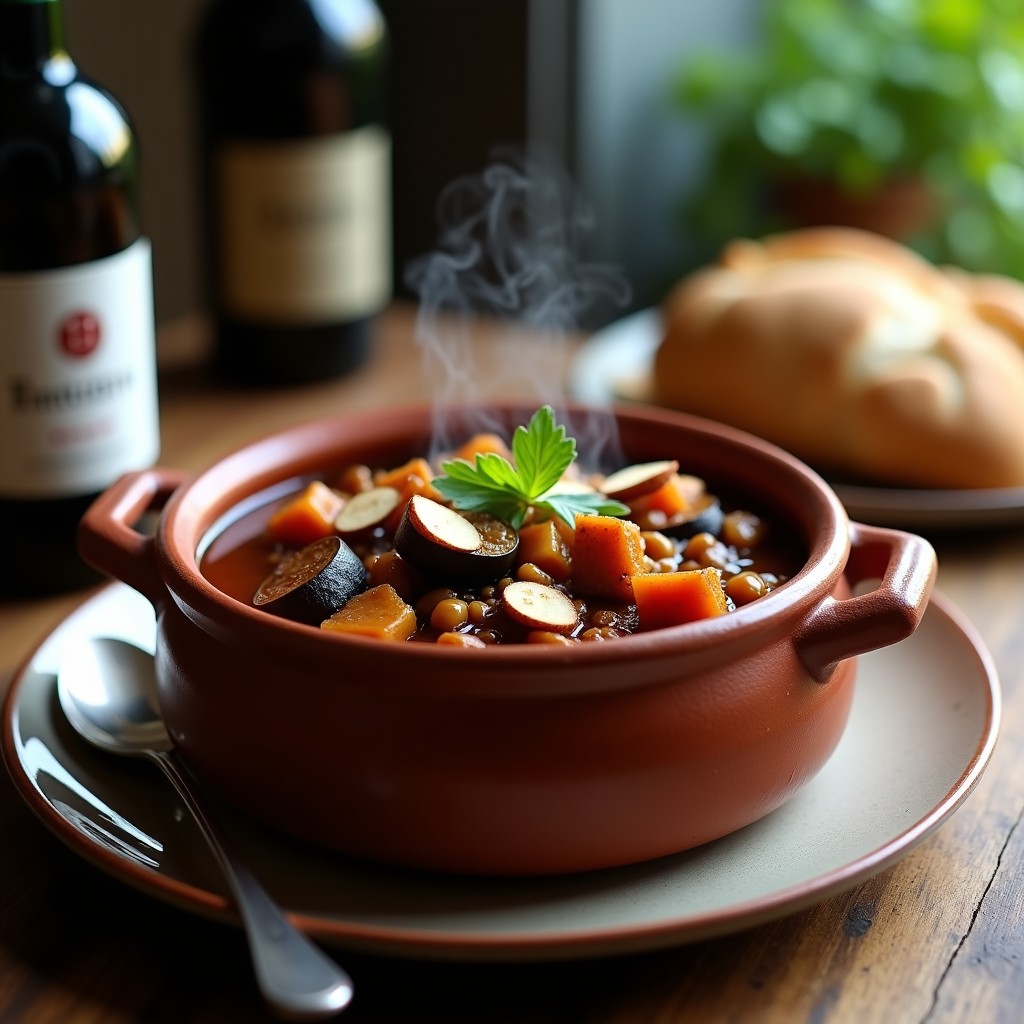 Estofado de Jackfruit y Berenjena con Reduction de Vino Porto: Receta Portuguesa Vegana