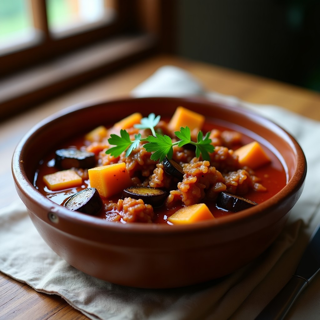 Estofado de jackfruit desmenuzado y berenjenas ahumadas en salsa BBQ espesa, servido en un cuenco rústico de barro con perejil fresco. Plato vegano reconfortante cocinado en olla lenta.