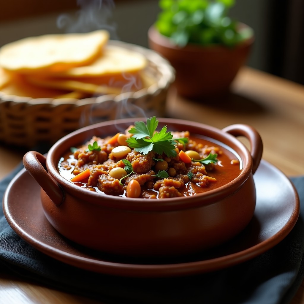 Estofado espeso de jackfruit desmenuzada en salsa oscura con trozos de cacahuate, servido en un cazón de barro mexicano. Decorado con cilantro fresco y acompañado de tortillas de maíz doradas. Toque ahumado visible en el vapor y brillo de la salsa.