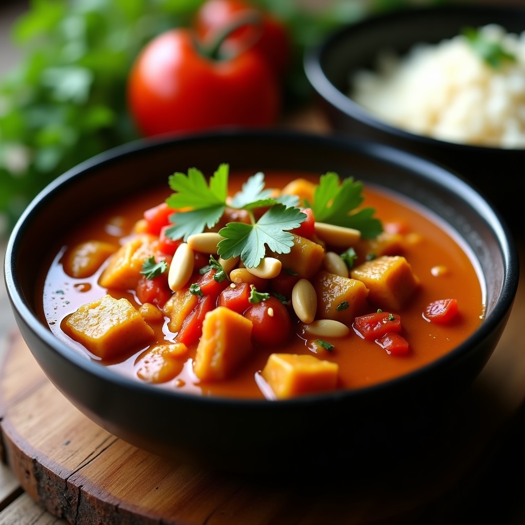 Plato hondo de cerámica negra con estofado de jackfruit en salsa de cacahuete y tomate, decorado con cilantro fresco y cacahuetes picados, servido junto a arroz basmati. Receta vegana en olla exprés con toques tailandeses.