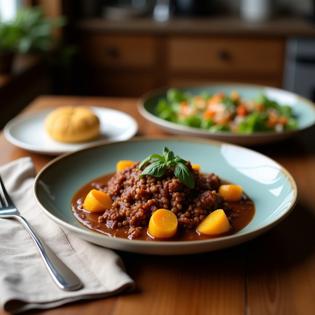 Estofado mexicano vegano en olla lenta con jackfruit desmenuzado, patatas dulces en cubos dorados, salsa oscura de cacao y chile, espolvoreado con almendras fileteadas. Plato servido en bowl de barro con fondo rústico.