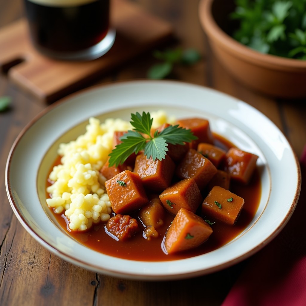 Plato hondo de barro con estofado de jackfruit desmenuzado en salsa oscura de cerveza negra, servido sobre un lecho cremoso de puré de coliflor blanco. Decorado con perejil fresco picado y un toque de pimentón ahumado espolvoreado. Fondo rústico con una cuchara de madera y una jarrita de cerveza negra al lado.