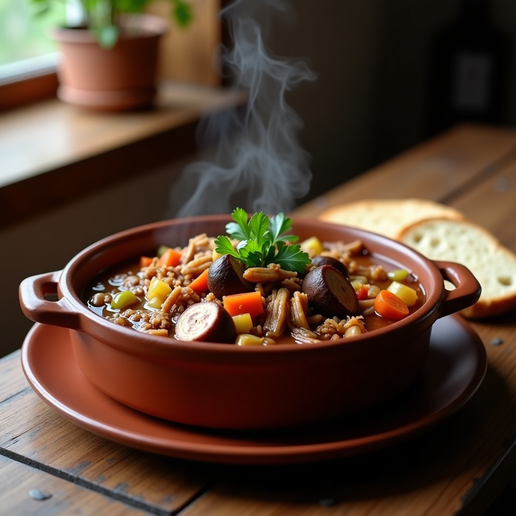 Estofado espeso de jackfruit desmenuzado y champiñones portobello en una olla de barro, con un color oscuro y brillante por la salsa de soja, decorado con perejil fresco. Plato vegano con textura similar a la carne, servido en un cuenco rústico sobre una mesa de madera.