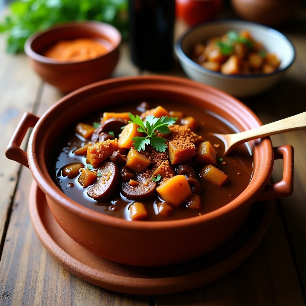 Cazuela de barro humeante con estofado de jackfruit en salsa de cerveza negra y especias, trozos de champiñones portobello y un toque de pimentón ahumado, servido en un plato hondo de cerámica rústica con una cuchara de madera.