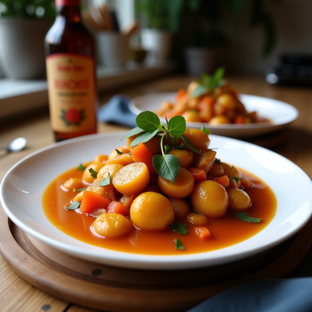 Estofado de jackfruit al vino tinto en un plato hondo de barro, con trozos de jackfruit desmenuzado en salsa espesa y oscuro, acompañado de zanahorias y champiñones. Decorado con hierbas provenzales frescas y una copa de vino tinto al fondo.