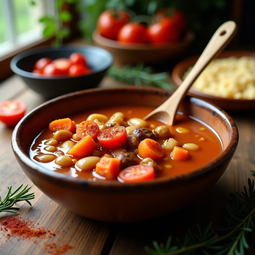 Estofado espeso de judías blancas y everritos en un bol de barro, con tomate y pimentón, servido con una cucharón de madera y decorado con pimentón espolvoreado. Plato vegano en olla lenta, reconfortante y lleno de proteína vegetal.
