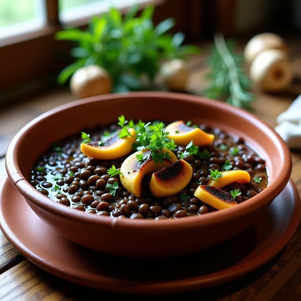 Estofado francés de lentejas beluga negras y setas chanterelle doradas en un bol de barro, con perejil fresco y un hilo de aceite de oliva. Plato humeante sobre fondo rústico de madera con hierbas provenzales esparcidas.