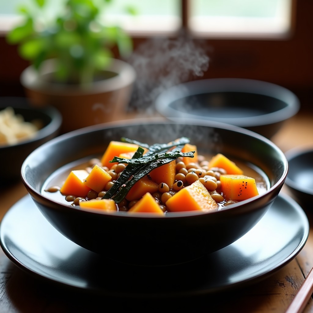 Estofado japonés de lentejas pardinas y calabaza kabocha en cuenco de cerámica negra, con semillas de sésamo negro y cilantro fresco. Plato reconfortante de olla lenta con toques de jengibre y umami.