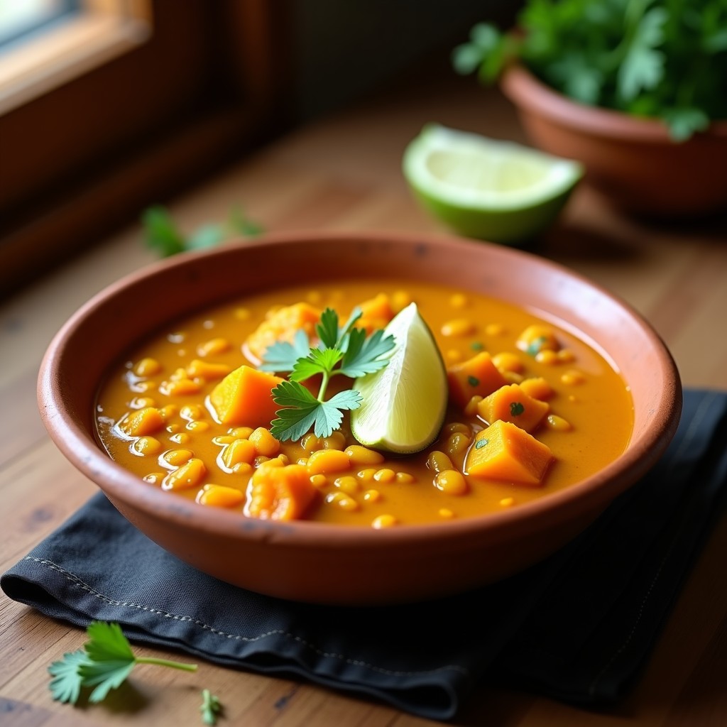 Estofado espeso de lentejas rojas y calabaza en un bol de barro, con tonalidades doradas y naranjas. Decorado con hojas de curry frescas y un hilo de leche de coco. Plato tradicional sri lankés vegano preparado en Thermomix.