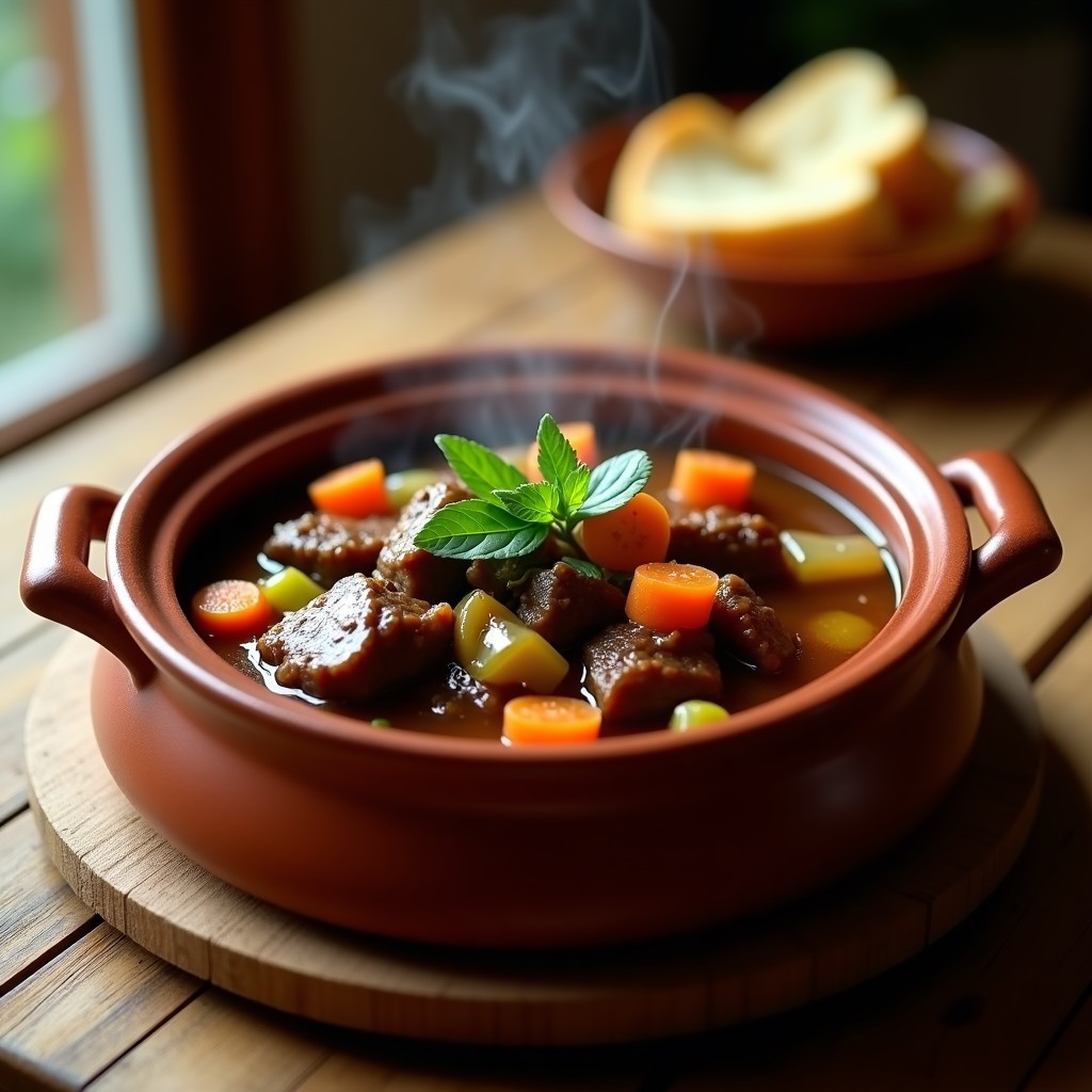 Estofado de ternera en olla de barro con salsa espesa y hierbas aromáticas, servido en plato hondo de cerámica rústica, acompañando de pan tostado.