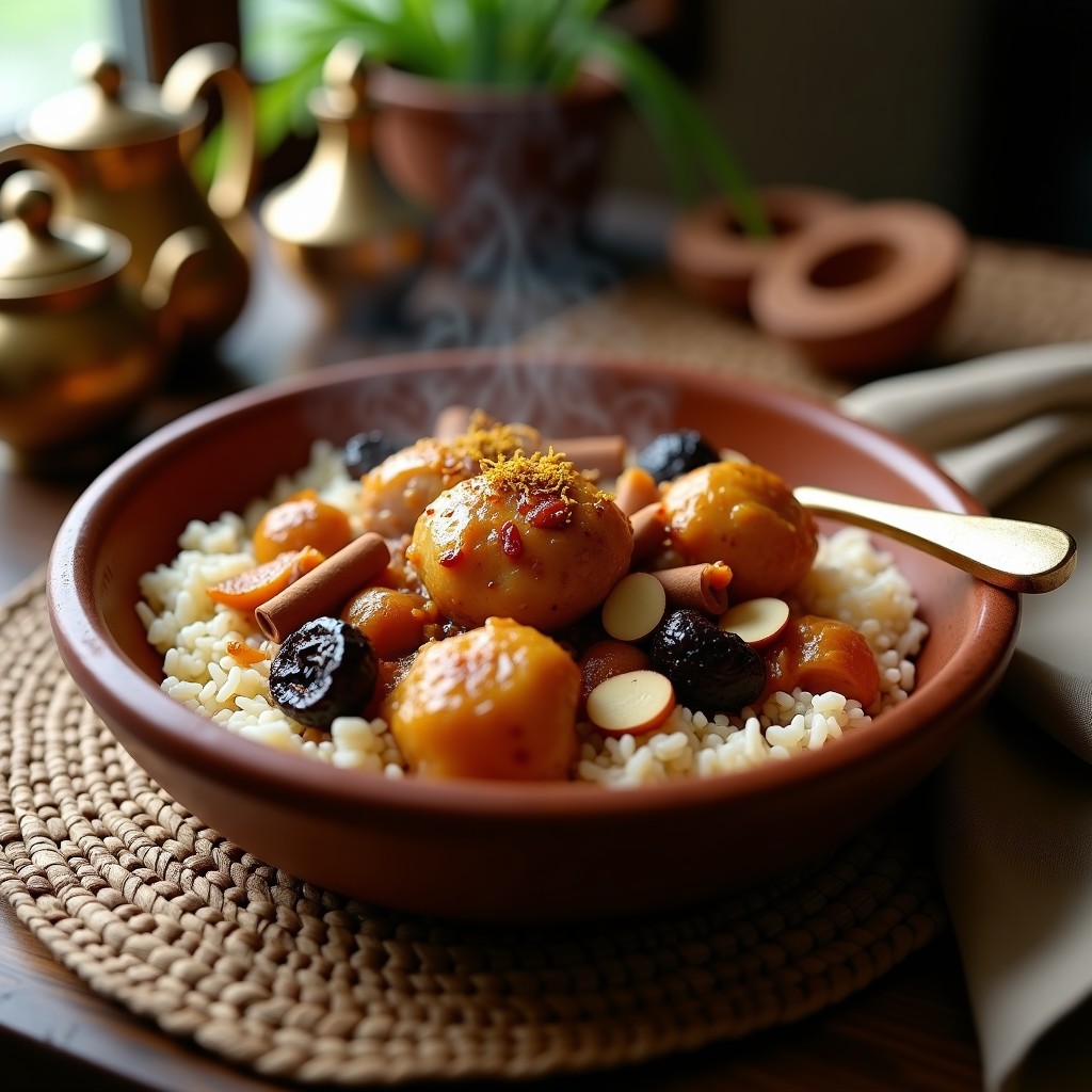 Estofado persa de pollo con ciruelas y canela en olla lenta, servido en un plato hondo de cerámica con arroz basmati, almendras tostadas y cilantro fresco. La salsa espesa y dorada brilla bajo la luz, mostrando trozos de pollo tierno y ciruelas oscuras.