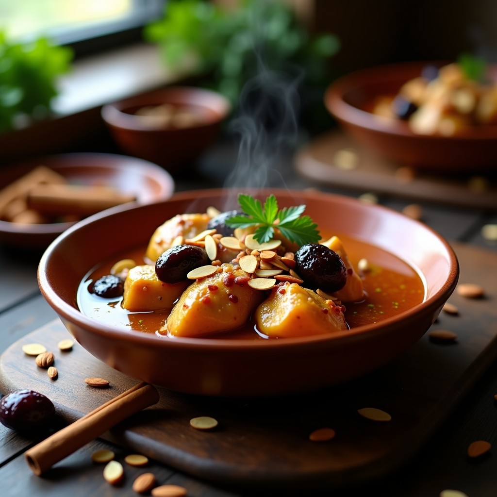 Estofado de pollo con ciruelas pasas y especias marroquíes servido en un cuenco de barro, con trozos de pollo dorado, ciruelas brillantes y almendras tostadas espolvoreadas. Plato humeante con fondo de especias y hierbas frescas.