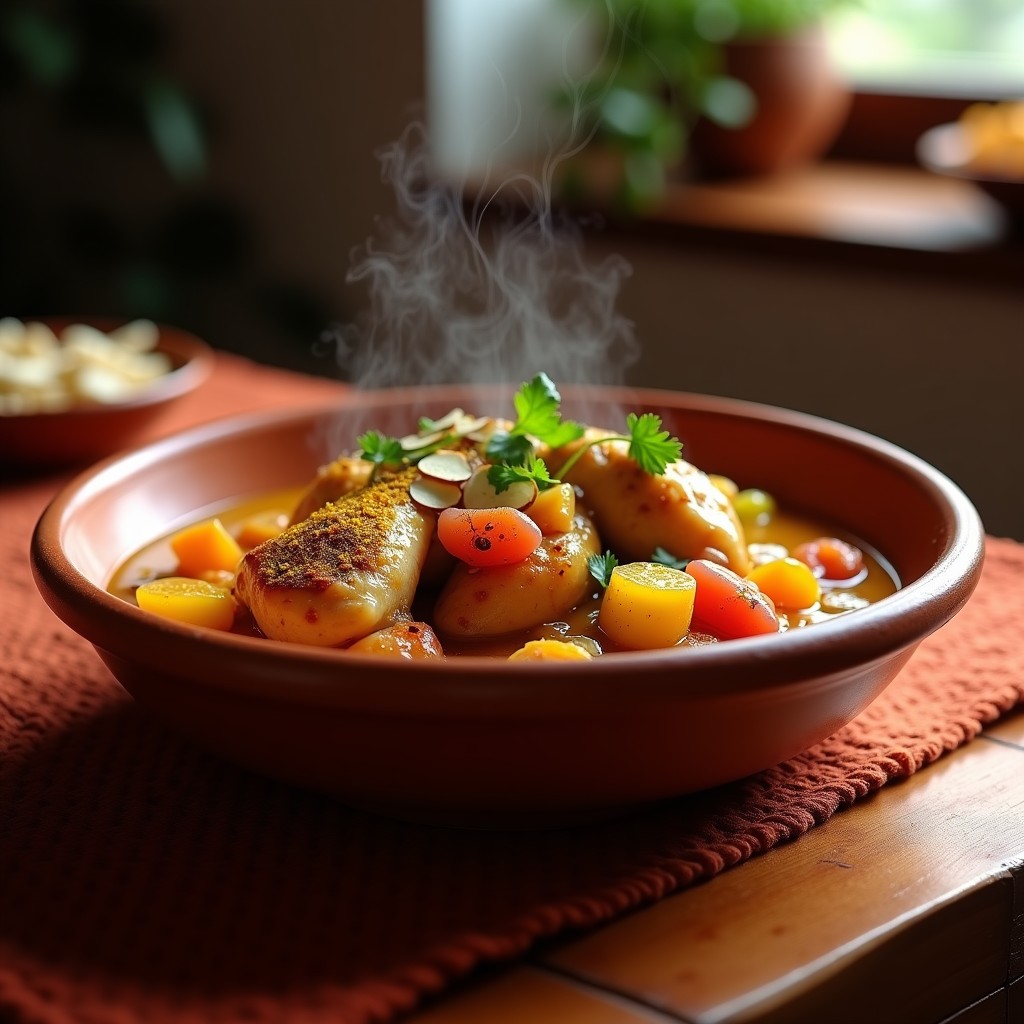 Estofado de pollo y cítricos con especias marroquíes servido en un plato hondo de barro, con trozos de pollo dorado, salsa espesa y aromática, almendras tostadas y cilantro fresco. Al fondo, limón confitado y naranja amarga decoran la mesa rústica.