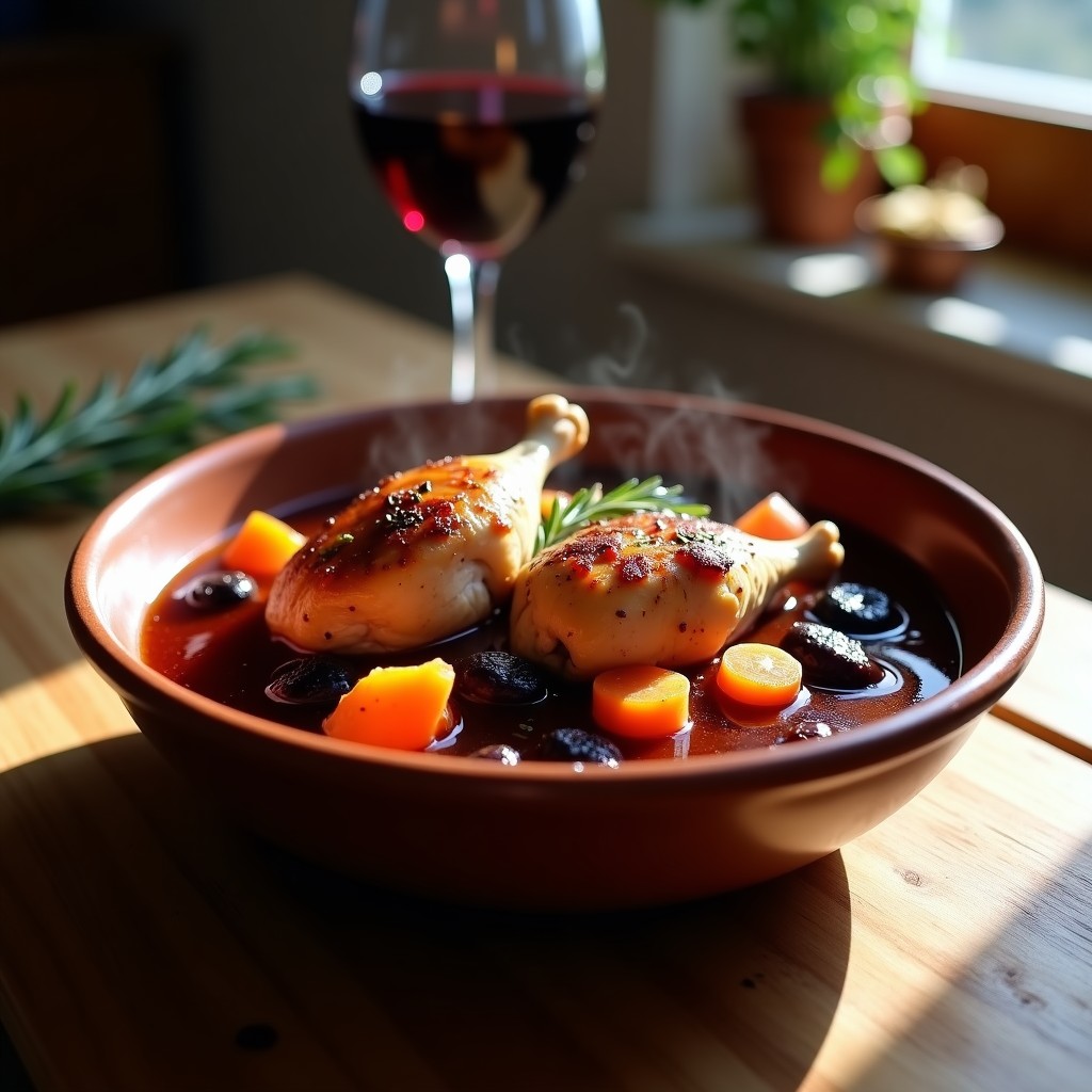 Estofado de Pollo al Vino Tinto con Ciruelas: Receta Francesa Tradicional en Olla Lenta