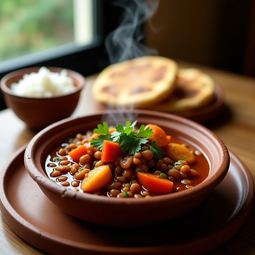 Olla de barro con estofado de Rabo de Torito vegano de lentejas pardinas y plátano macho, servido con ají dulce y cilantro fresco. Plato tradicional colombiano reconfortante y alto en proteína.