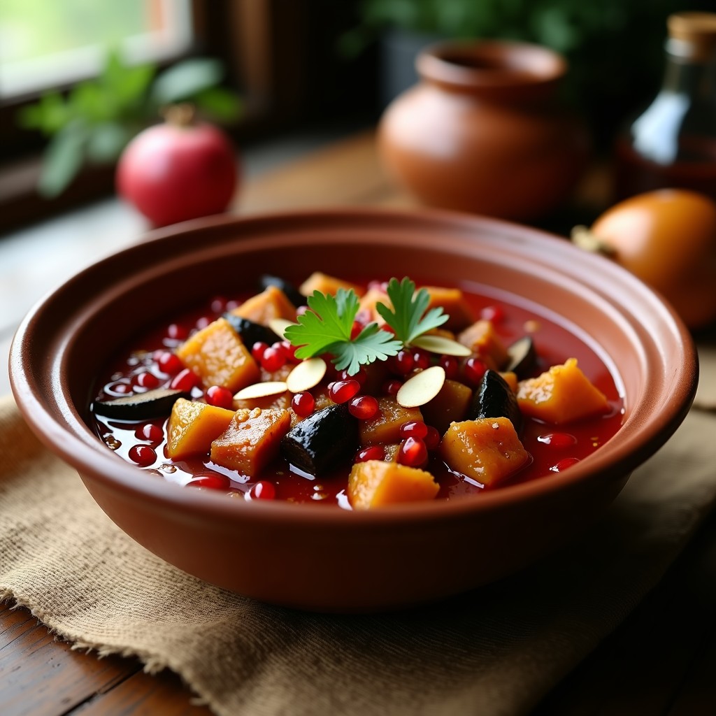 Estofado armeno vegano en cuenco de barro: trozos de seitán dorado, berenjena asada en cubos y salsa espesa de color rojo intenso con semillas de granada y almendras fileteadas. Decorado con perejil fresco sobre fondo rústico.