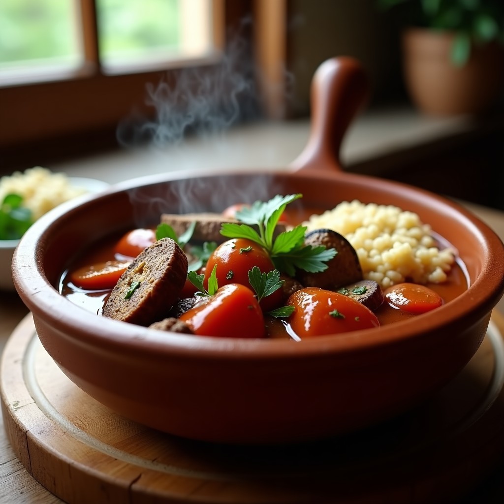 Estofado de seitán y champiñones en olla lenta vegano y alto en proteína, servido en un cuenco de barro con salsa espesa y hierbas frescas, acompañado de pan rústico.