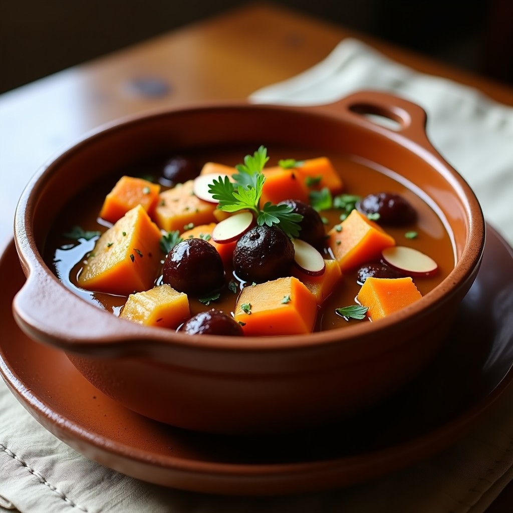 Estofado de seitan en trozos dorados con ciruelas pasas oscuras y especias beréber, servido en un bol de barro con almendras tostadas y cilantro fresco. Plato vegano de olla exprés con colores cálidos y textura cremosa.